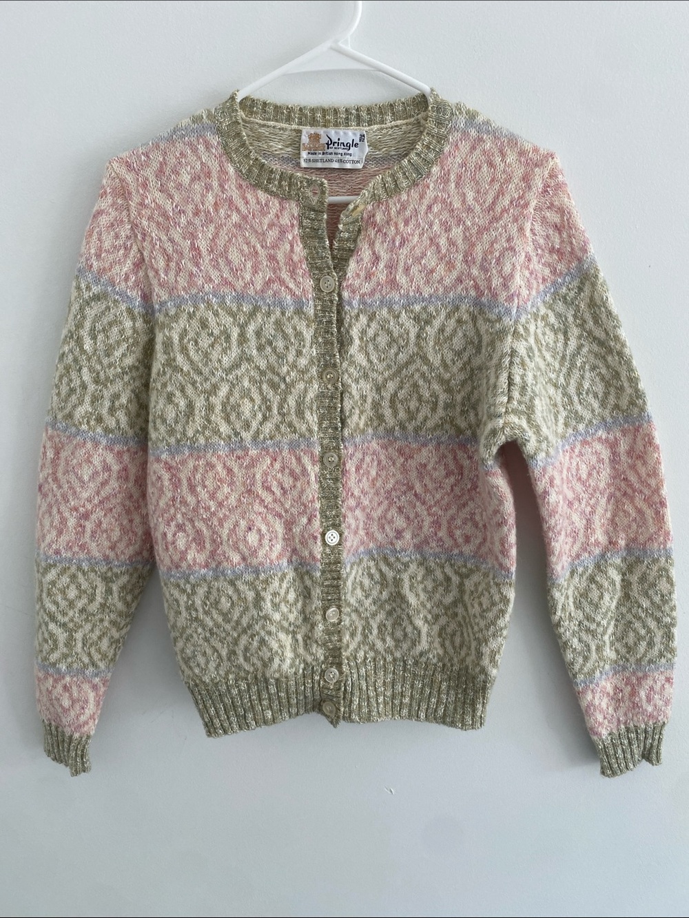 Vtg Pringle of Scotland Shetland Wool Cotton Fair Isle Geo Pastel Cardigan SMALL